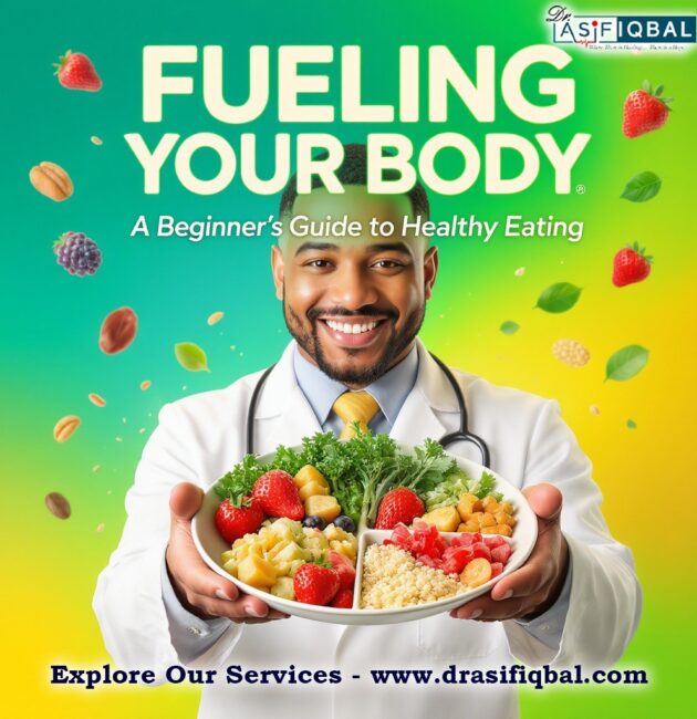 Colorful balanced meal plate with vegetables, fruits, grains and proteins