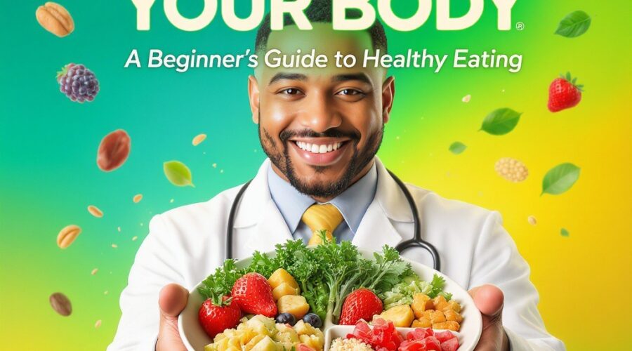 Colorful balanced meal plate with vegetables, fruits, grains and proteins