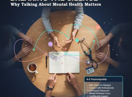Promotional graphic for Dr. Asif Iqbal's mental health services, featuring an overhead view of a support group discussion with the text 'Breaking the Silence: Why Talking About Mental Health Matters.'