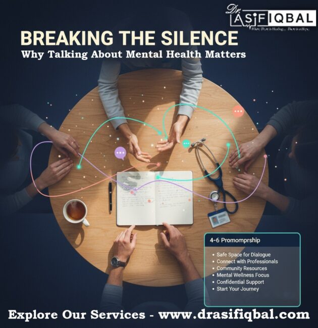 Promotional graphic for Dr. Asif Iqbal's mental health services, featuring an overhead view of a support group discussion with the text 'Breaking the Silence: Why Talking About Mental Health Matters.'