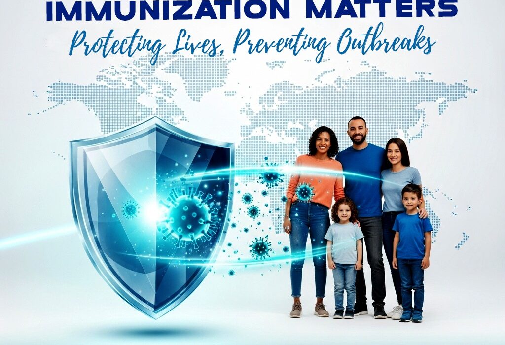 Why Immunization Matters infographic showing a happy family protected by a large blue shield deflecting virus particles, with text Protecting Lives, Preventing Outbreaks by Dr. Asif Iqbal.