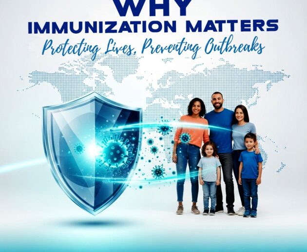 Why Immunization Matters infographic showing a happy family protected by a large blue shield deflecting virus particles, with text Protecting Lives, Preventing Outbreaks by Dr. Asif Iqbal.