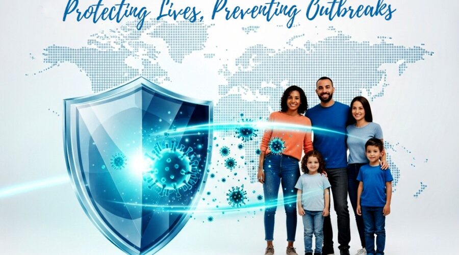 Why Immunization Matters infographic showing a happy family protected by a large blue shield deflecting virus particles, with text Protecting Lives, Preventing Outbreaks by Dr. Asif Iqbal.