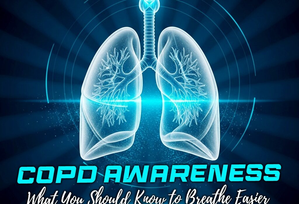 Digital illustration of glowing blue human lungs for COPD Awareness campaign with text What You Should Know to Breathe Easier by Dr. Asif Iqbal.