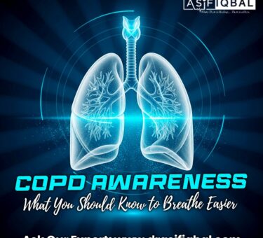 Digital illustration of glowing blue human lungs for COPD Awareness campaign with text What You Should Know to Breathe Easier by Dr. Asif Iqbal.