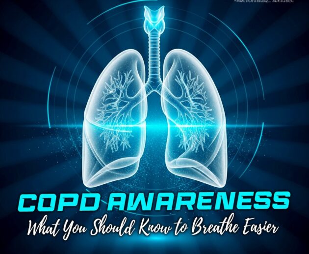Digital illustration of glowing blue human lungs for COPD Awareness campaign with text What You Should Know to Breathe Easier by Dr. Asif Iqbal.