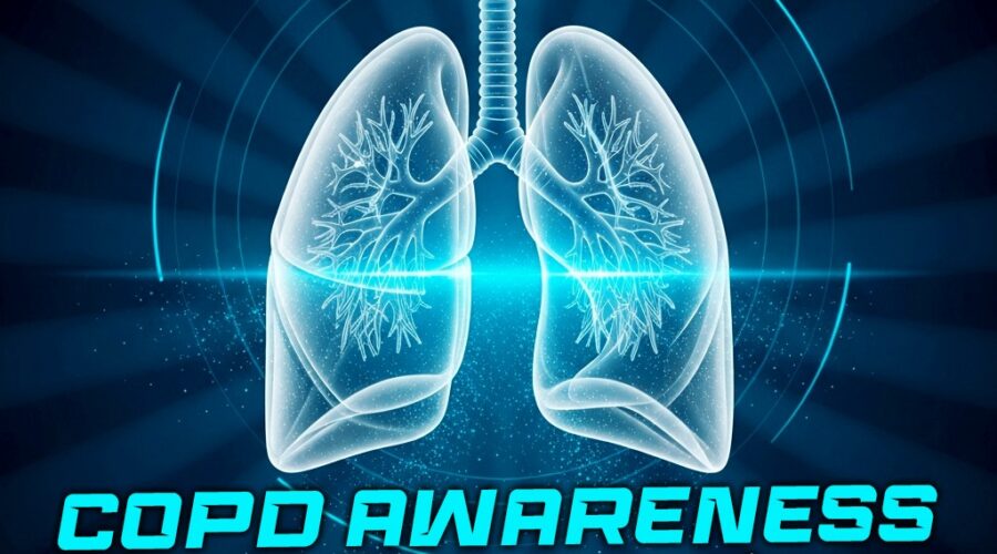 Digital illustration of glowing blue human lungs for COPD Awareness campaign with text What You Should Know to Breathe Easier by Dr. Asif Iqbal.