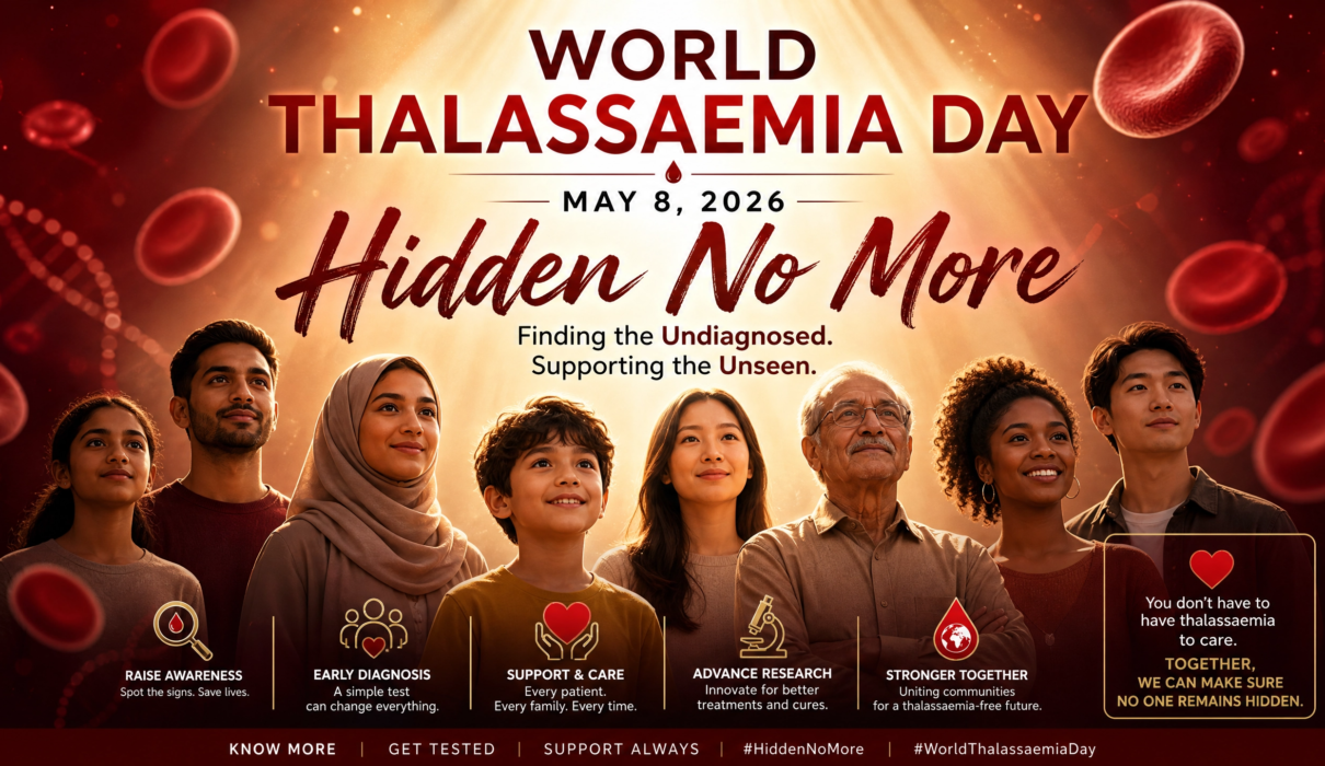 World Thalassaemia Day 2026 awareness campaign featuring a diverse group of people holding thalassemia awareness ribbons with a background of medical professionals and healthcare symbols.