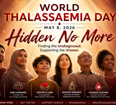 World Thalassaemia Day 2026 awareness campaign featuring a diverse group of people holding thalassemia awareness ribbons with a background of medical professionals and healthcare symbols.