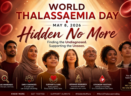 World Thalassaemia Day 2026 awareness campaign featuring a diverse group of people holding thalassemia awareness ribbons with a background of medical professionals and healthcare symbols.
