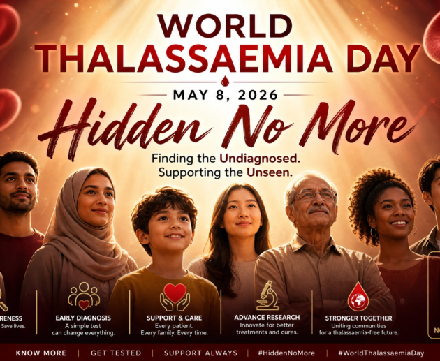 World Thalassaemia Day 2026 awareness campaign featuring a diverse group of people holding thalassemia awareness ribbons with a background of medical professionals and healthcare symbols.