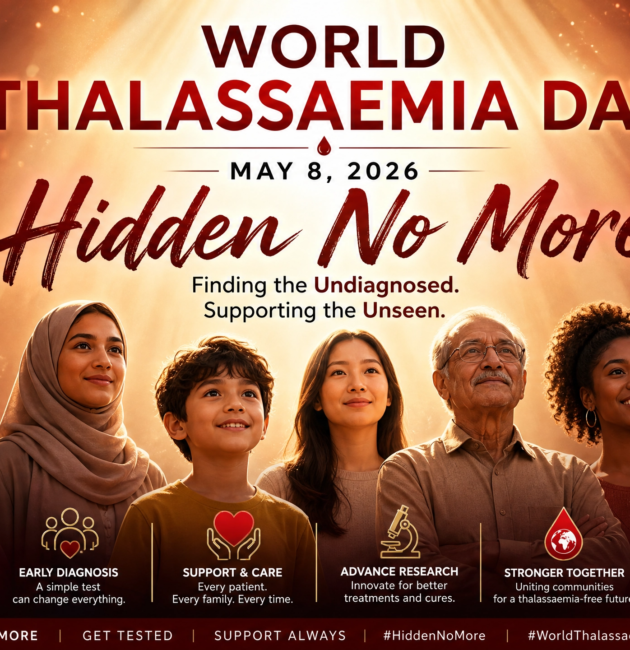 World Thalassaemia Day 2026 awareness campaign featuring a diverse group of people holding thalassemia awareness ribbons with a background of medical professionals and healthcare symbols.