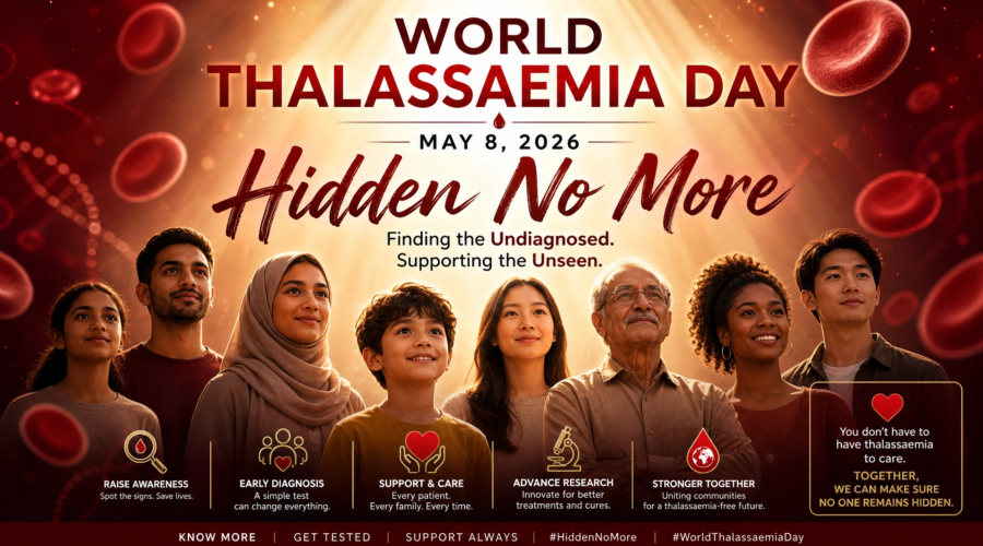 World Thalassaemia Day 2026 awareness campaign featuring a diverse group of people holding thalassemia awareness ribbons with a background of medical professionals and healthcare symbols.